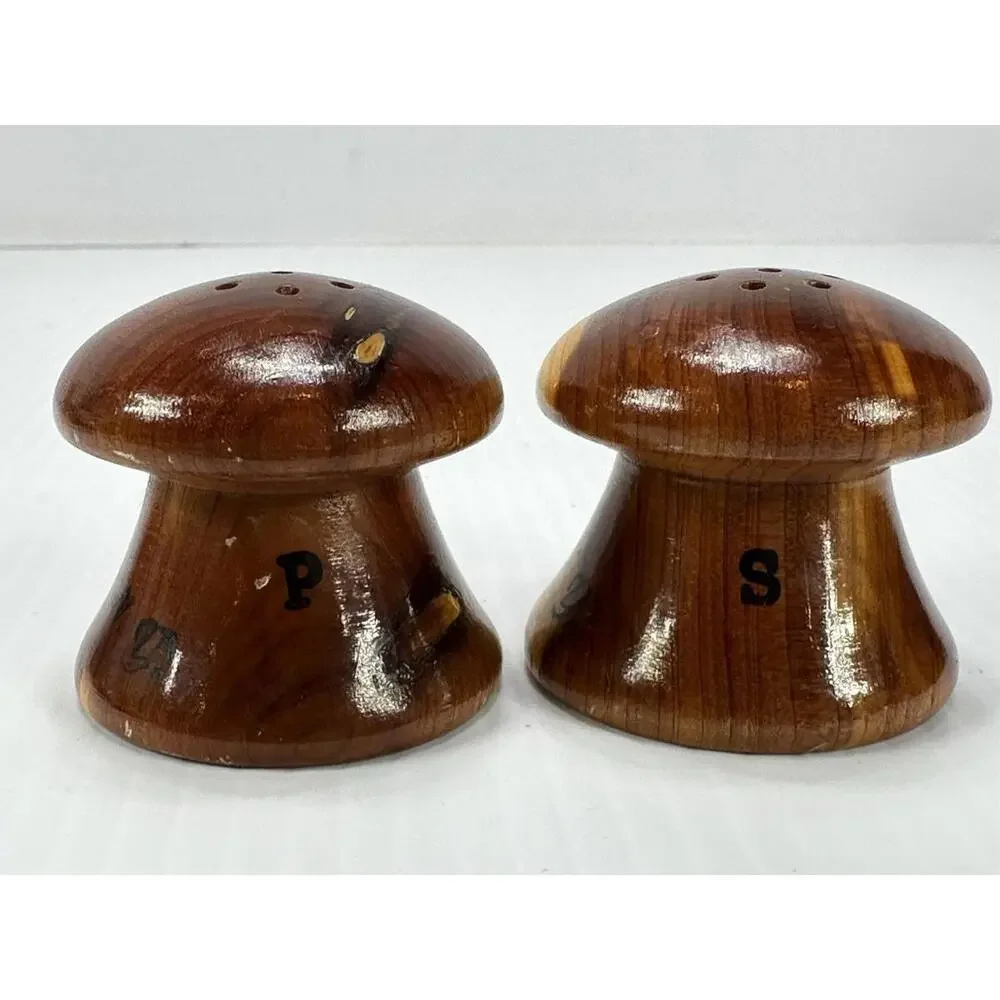 Vintage Souvenir Mid Century Mod Wood Mushroom Salt Pepper Shaker Lake George NY